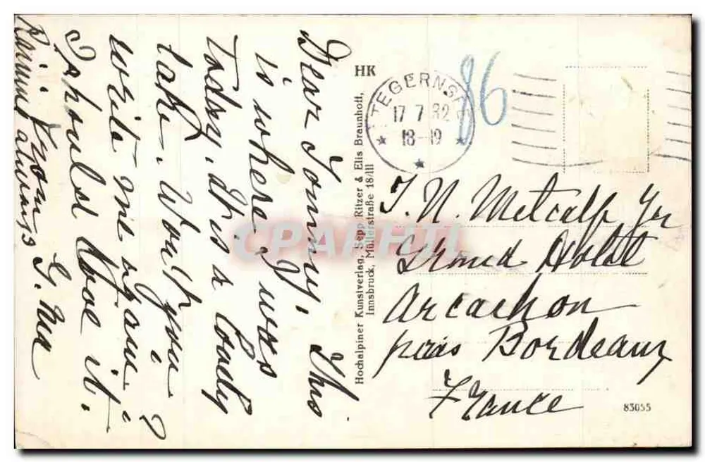 Achensee, Hotel Fürstenhaus — Ansicht des Sees und der Berge — Verlag Seppl Ritzer & Ellis Braunhof, Nr. 3900 - Rückseite