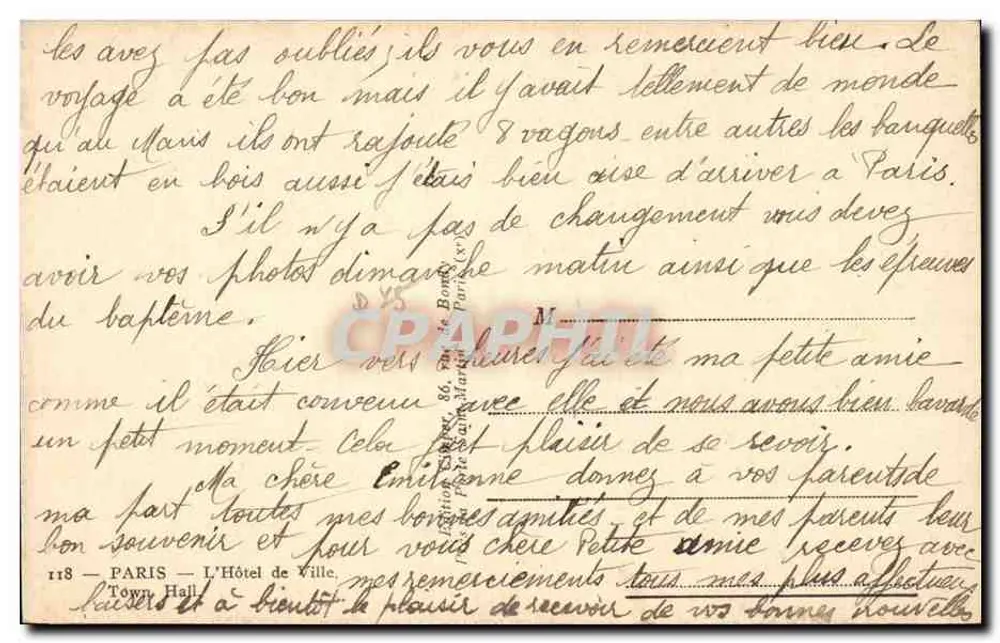 Paris — O Palácio de Justiça — Town Hall — Bilhete postal antigo n°118 - Verso