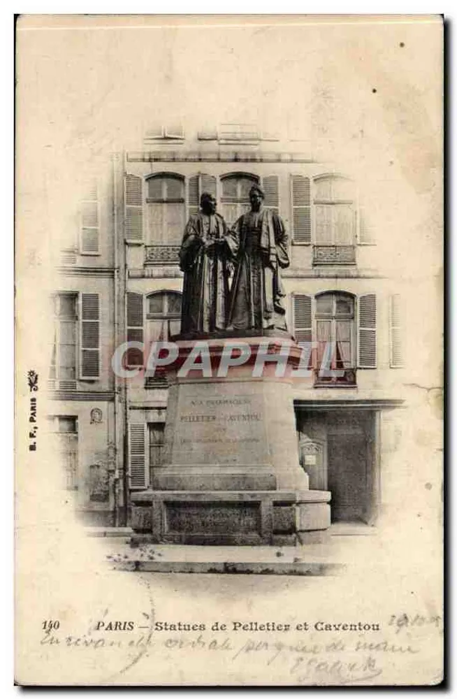 Paryż — Statuie Pelletiera i Caventou — B. F. Paris, nr 140 - Awers