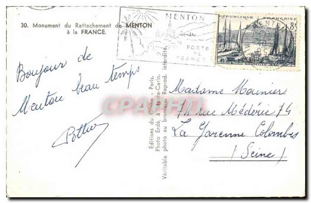 Denkmal der Annexion an Frankreich — Menton — Éditions du Globe, Paris - Rückseite