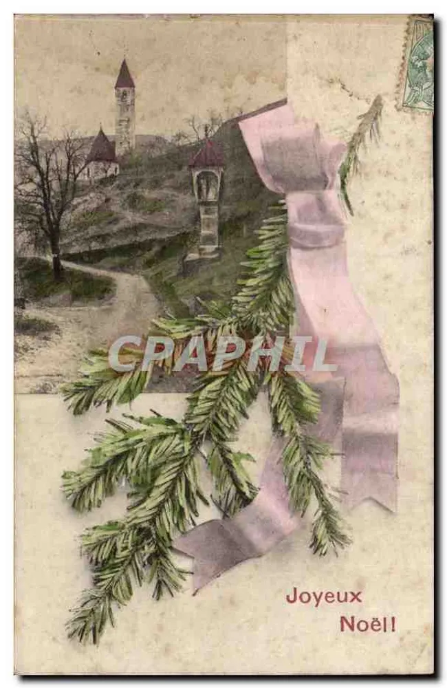 Castillo sobre colina — decoración de abeto y cinta rosa — A.S. Serie 353 - Anverso