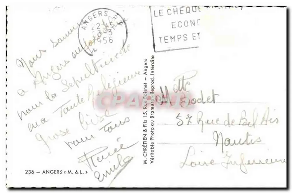 Angers — Lembra-te de Angers — M. Chrétien & Fils - Verso