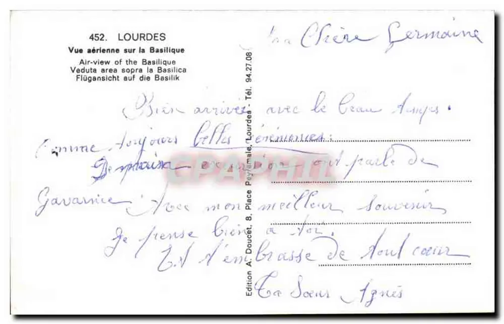 Lourdes — Widok z powietrza na Bazylikę — Wydawca Edluf, nr 452 - Rewers