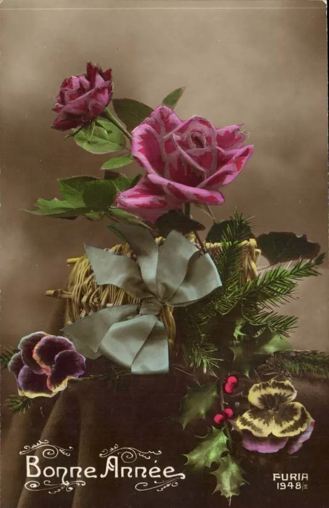 Blütenstrauß aus Rosen und Blumen — Frohes Neues Jahr 1948 — Furia - Vorderseite