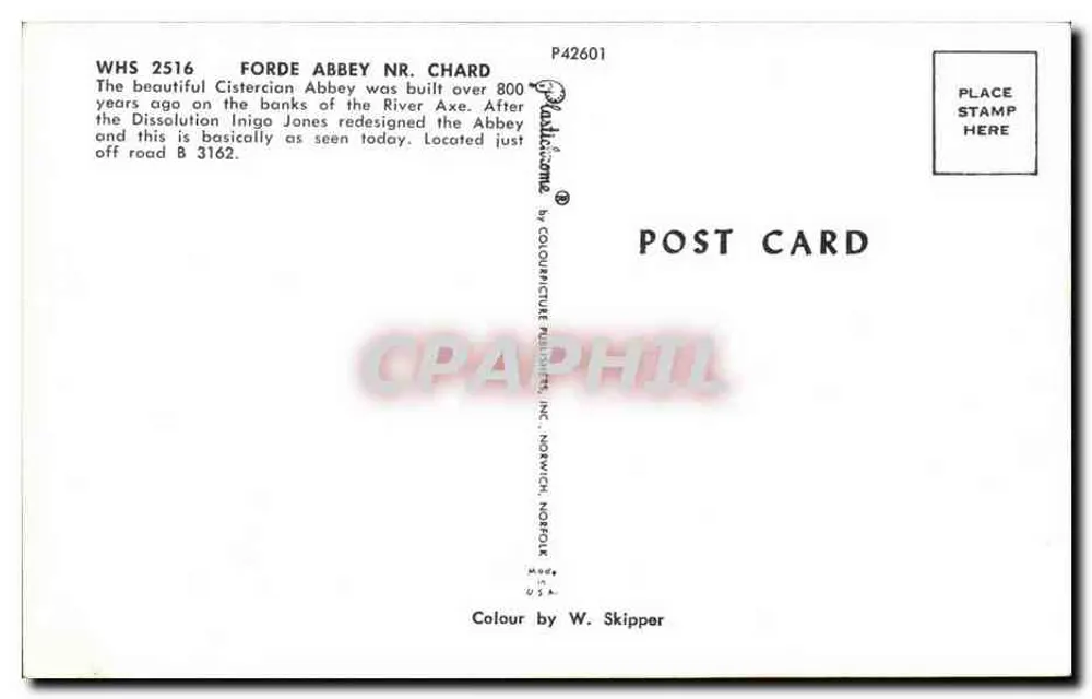 Forde Abbey nr. Chard — Zisterzienserkloster — Verlag Colour Picture Publishers, Inc. (Norwich, Norfolk, USA) Nr. WHS 2516 - Rückseite