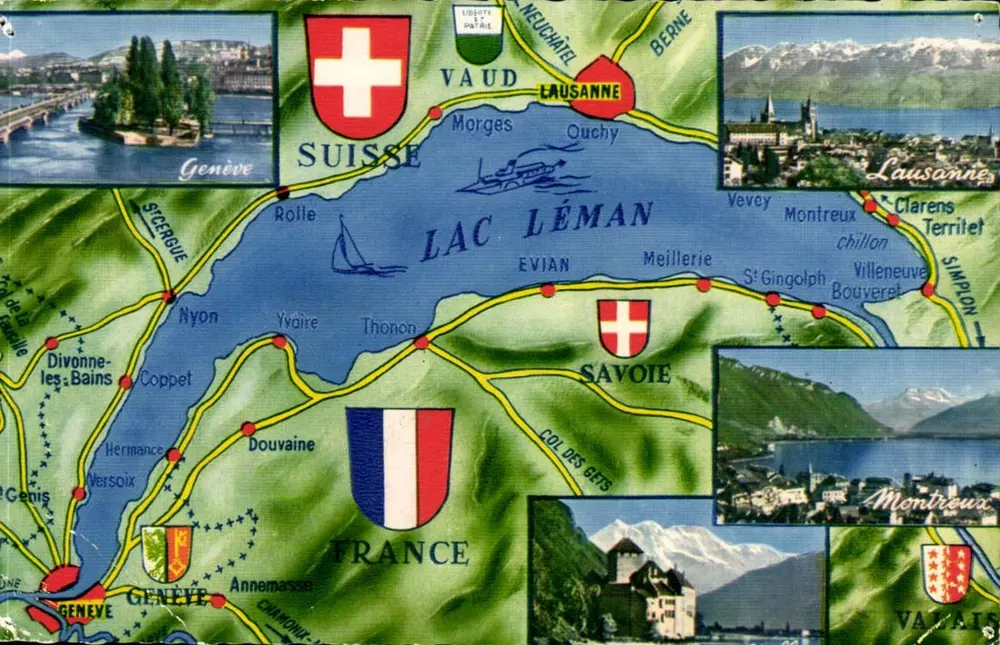 Lago Léman — Carta postal turística com vignettes de paisagens — editor Jaeger Genève - Frente