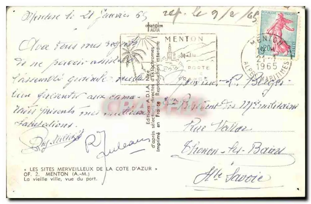 Menton — Ansicht der Altstadt und des Hafens — Éditions A.D.I.A. - Rückseite