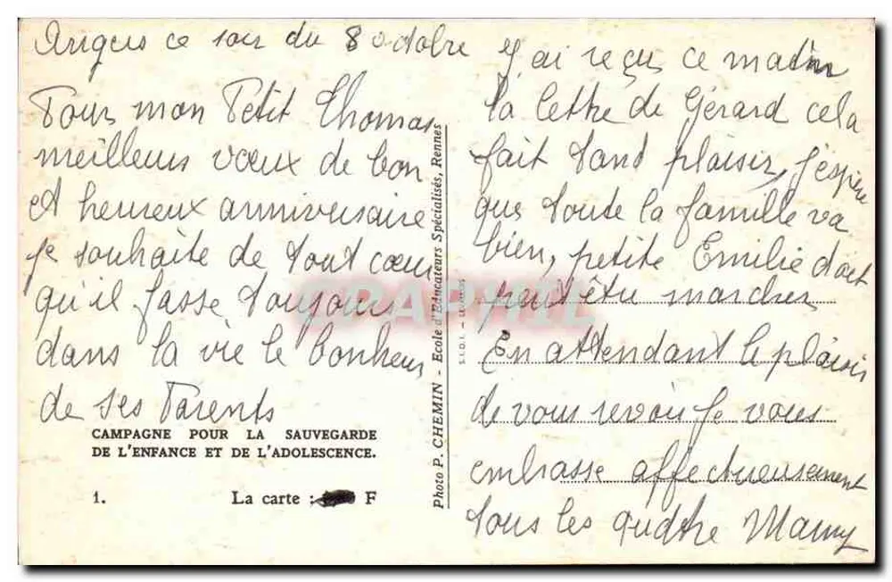 Criança sorridente — Feliz Aniversário — Foto P. CHEMIN, Rennes - Verso