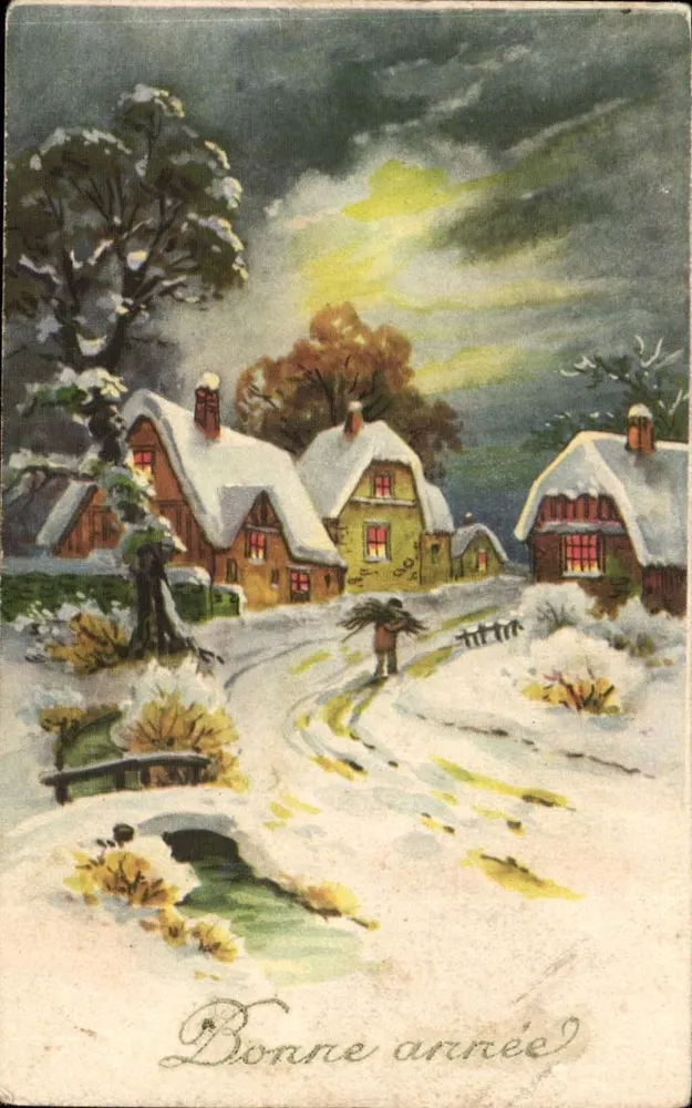 Schneeviertel — Winterlandschaft mit Weg und Brücke — Text 'Guten Jahresbeginn' — unbekannter Verleger - Vorderseite