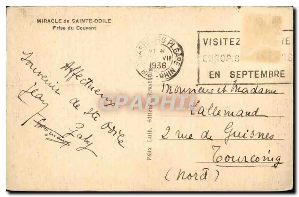 Miracle de Sainte-Odile — Frise du Couvent — éditeur P. Lulb, Strasbourg - Verso