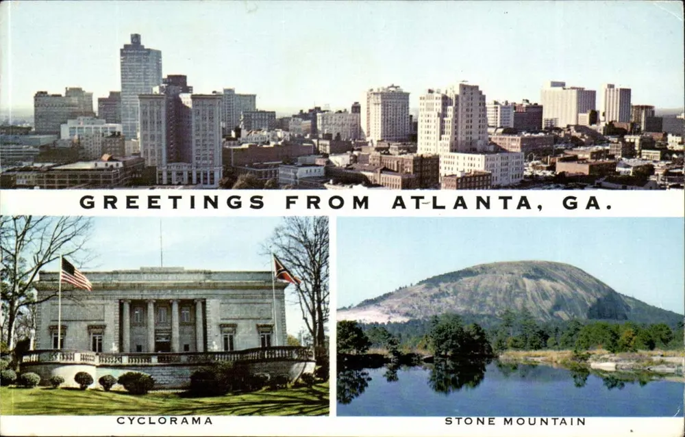 Atlanta, GA — Panoramablick, Cyclorama und Stone Mountain — Verlag: The Grahame Card Co. - Vorderseite