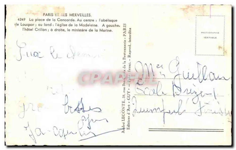 Praça da Concórdia — obélisco de Luxor — hotel Crillon e ministério da Marinha — editor GUY, n° 4249 - Verso