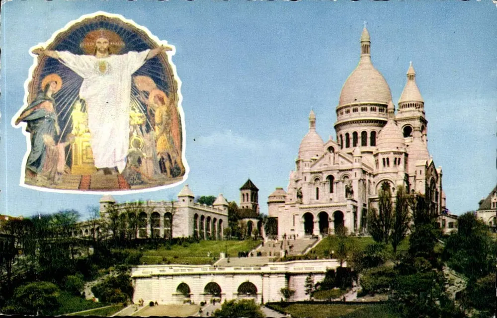 Heiliges Herz von Montmartre — Panoramablick mit Illustration Jesu — Verlag Mexichrome, Nr. 226 - Vorderseite
