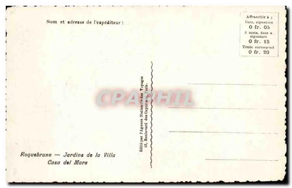 Roquebrune — Gärten der Villa Casa del Mare — Verlag der Nationalen Reiseagentur, Boulevard des Capucines, Paris - Rückseite