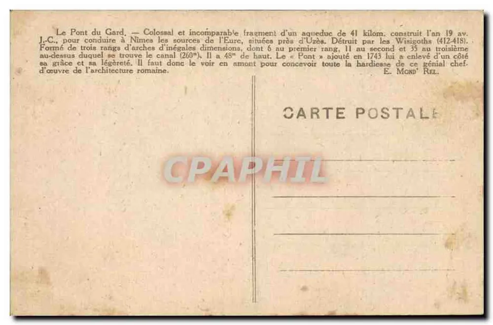 Der Pont du Gard und die anliegende Straße im Jahr 1748 — Aufnahme aus der Strömungsrichtung von der linken Uferseite des Gardon — Edit. Labourel - Rückseite