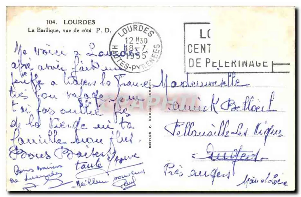 Lourdes — Blick auf die Basilika von der Seite — P.D. n°104, Edition P. Doucet Lourdes - Rückseite