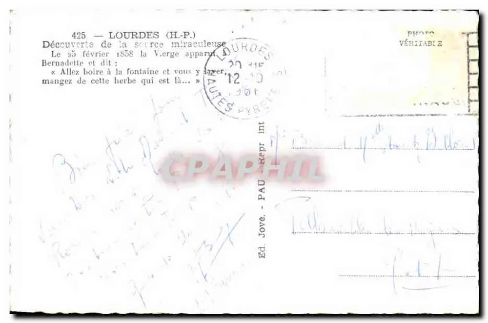 Aparición de la Virgen en Lourdes — Bernadette Soubirous — Ed. Jove - Pau, n°425 - Reverso