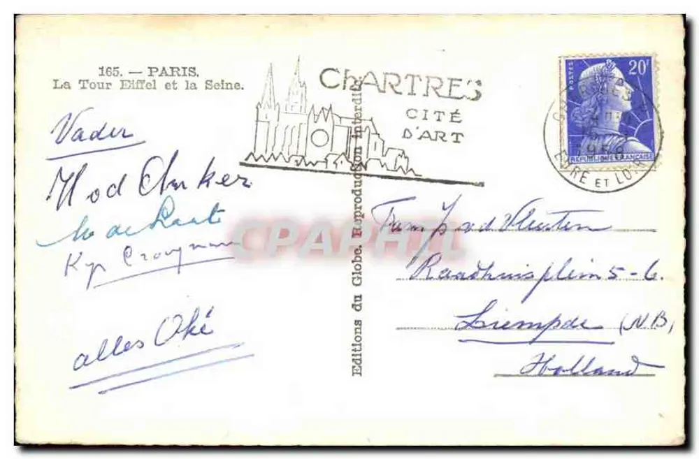 A Torre Eiffel e a Sena — Paris — Éditions du Globe, n° 165 - Verso