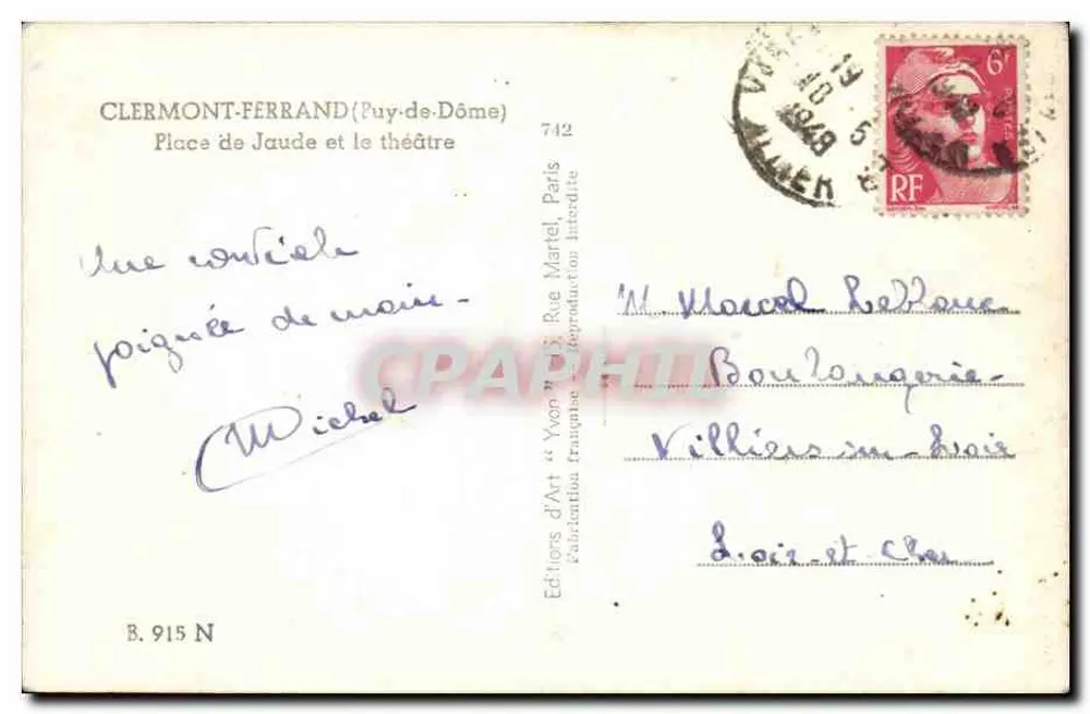 Place de Jaude und das Theater — Clermont-Ferrand (Puy-de-Dôme) — Editions d'Art, n° B.915 N - Rückseite