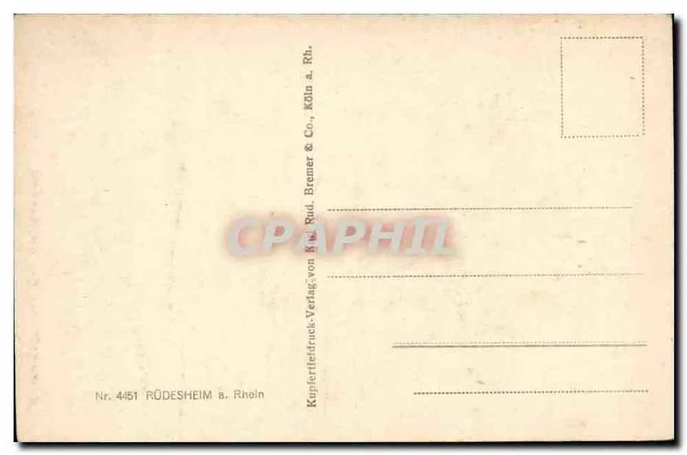 Rüdesheim — Ansicht des Rheins mit Schloss und Booten — Verlag Kupferstich-Verlag von G. Rud. Bremer & Co., Köln a. Rh. - Rückseite