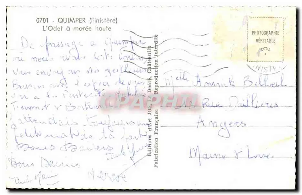 Quimper (Finistère) — O Odet na maré alta — Éditions d'Art JOS - Verso