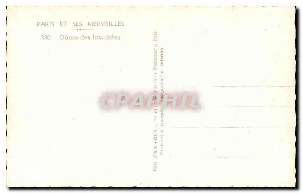 Dôme dos Invalidos — Paris — Editor GUY, n° 330 - Verso