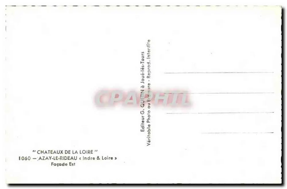 Castelo de Azay-le-Rideau — Fachaça Leste — Editor G. Guettin em Joué-lès-Tours, n° 1060 - Verso
