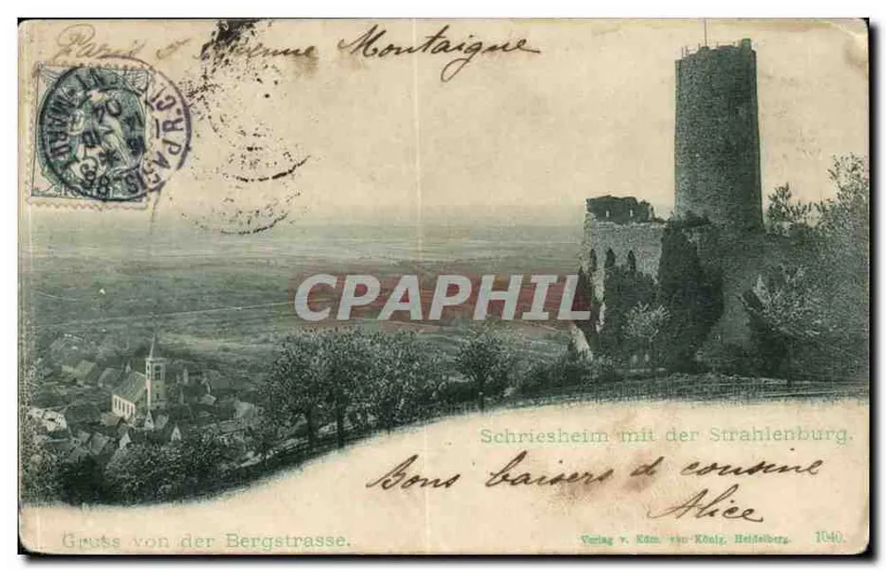 Schriesheim mit der Strahlenburg — Ansicht von der Bergstrasse — Verlag R. Kühn, Heidelberg, Nr. 1040 - Vorderseite