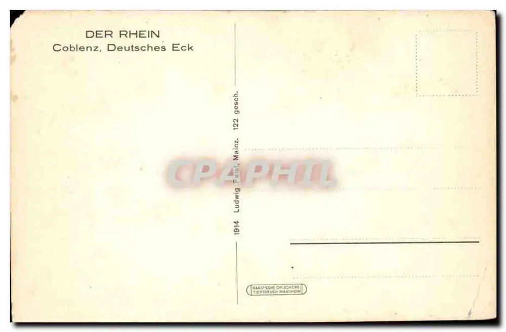 De Rijn — Koblenz, Deutscher Eck — uitgever Ludwig Fürst, Mainz, n° 122 - Achterkant
