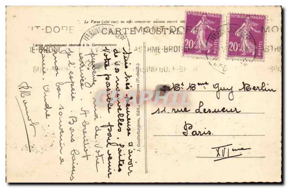 Estrada do Mont-Dore para La Bourboule — paisagem — J. Gouttefanges, Ed. Mont-Dore, n° 866 - Verso