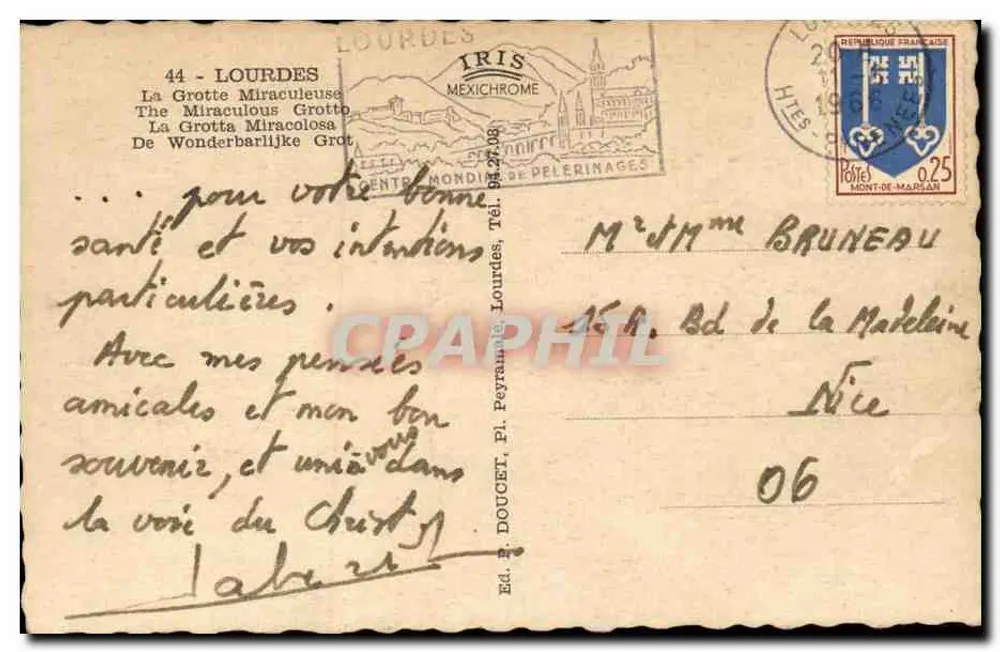 A Gruta de Lourdes — Nossa Senhora de Lourdes — Éd. P. Doucet, Pl. Peyramale - Verso