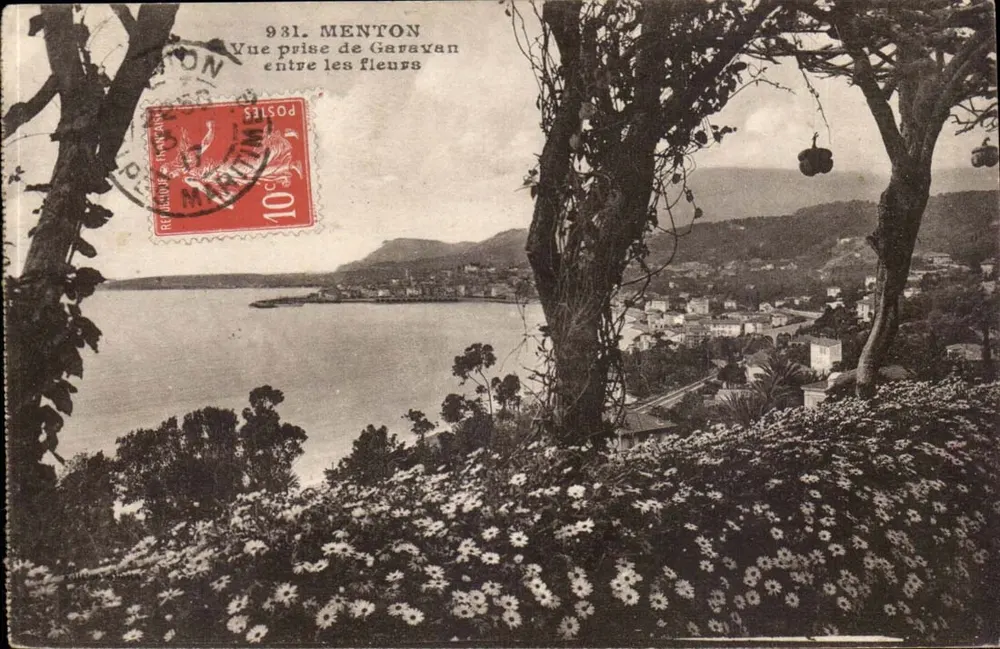 Menton — Vista tomada desde Garavan entre flores — Editor B&G, n° 931 - Anverso