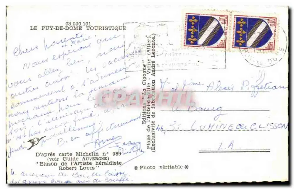 Le Puy-de-Dôme Turístico — Carte postale turística com mapa rodoviário e fotos de locais — Éditions de l'Hôtel de Ville - Vichy - Verso