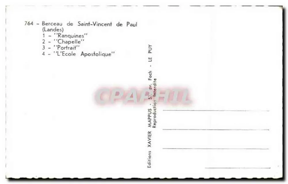 Berceau de Saint-Vincent de Paul — Ranquines, Kapelle, Portrait, Apostolische Schule — Éditions Xavier Mappus - Rückseite