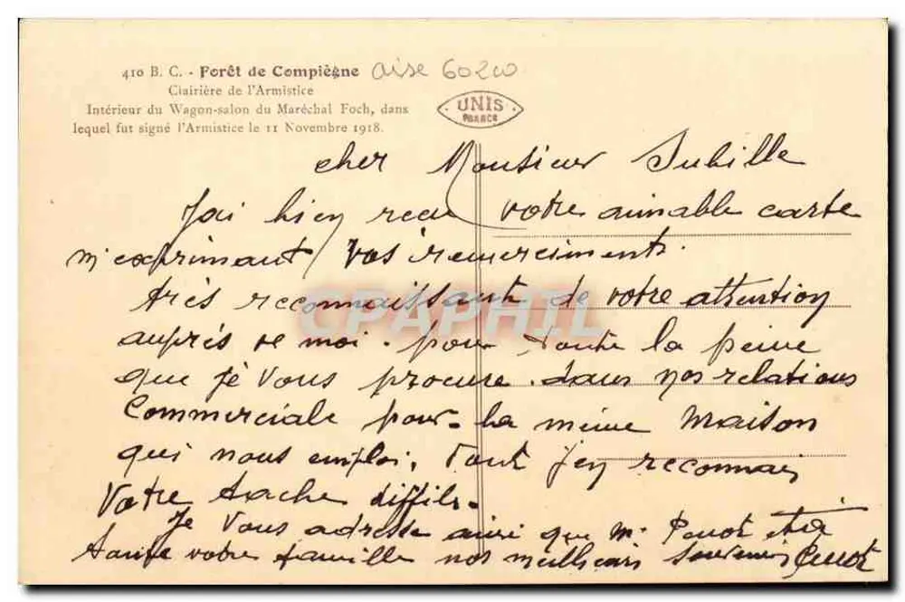 Innenraum des Salons des Generals Foch — Forêt de Compiègne — Verlag Le Matin, Seriennummer nicht sichtbar - Rückseite