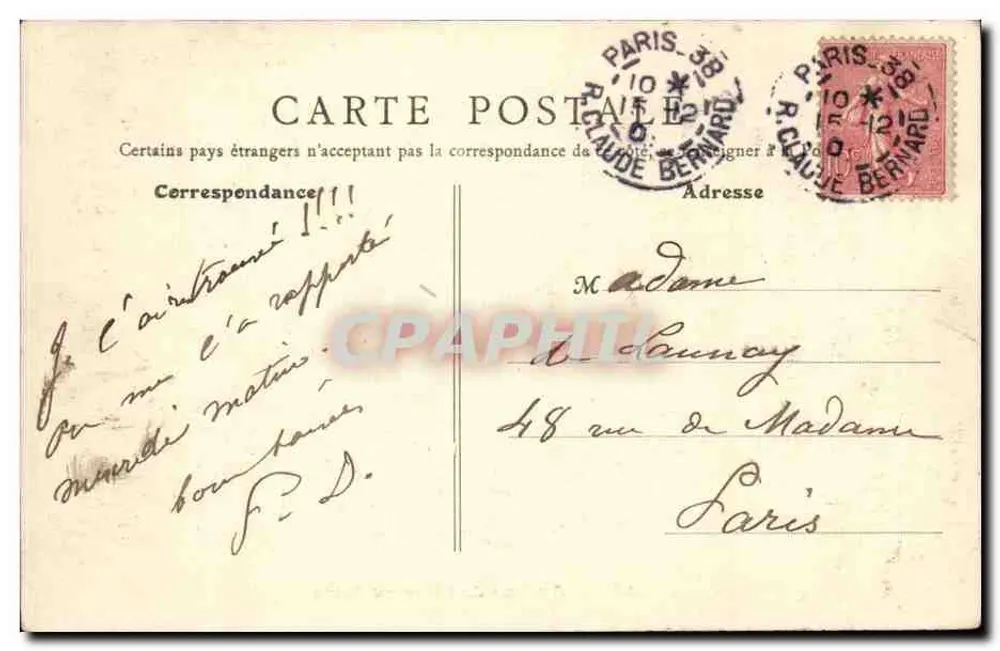 PARIS — Avenida do Observatório — Editor F. Le Paris, n° 63 - Verso