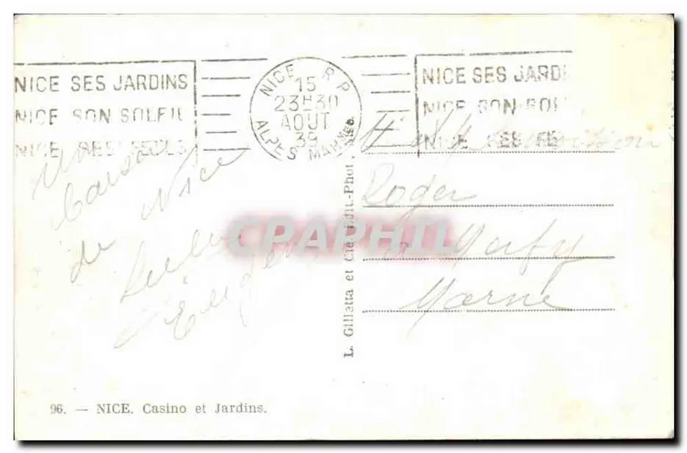 Nice — Casino e Jardins — L. Gillata e Cie, Fot. - Verso