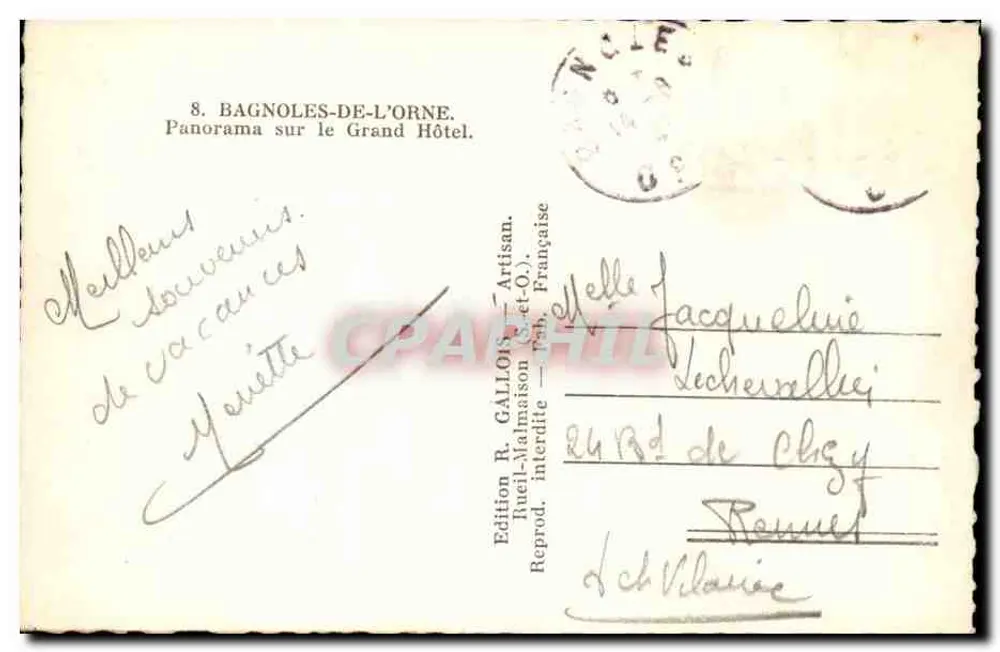 Bagnoles-de-l'Orne — Panorama des Grand Hotels — Ausgabe R. GALLON, Thuen-Malmanson (et-O.) - Rückseite