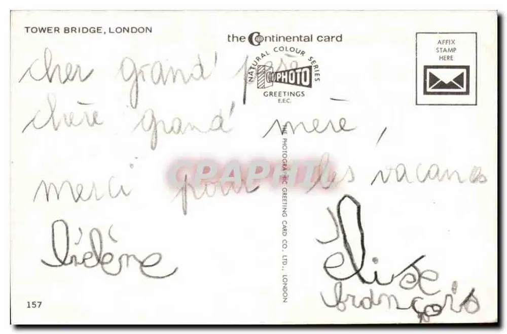 Tower Bridge, London — die Schiffsbrücke hochgezogen — the Continental card, Serie Natural Colour, n°157 - Rückseite