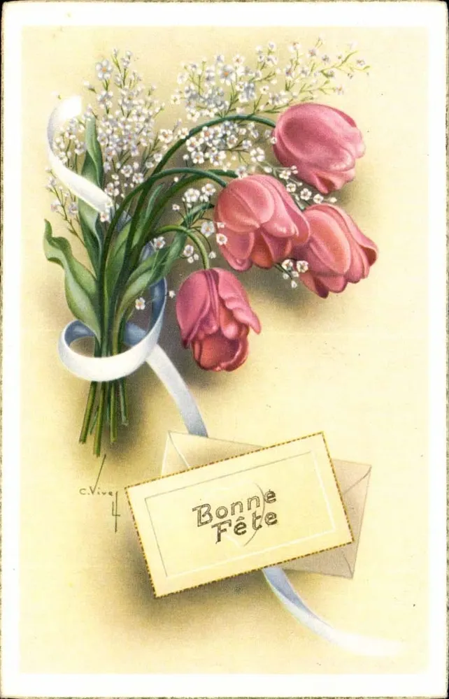 Blütenstrauß aus rosa Tulpen und Gypsophila — C. Vive — Édition Univers Paris N° 425 - Vorderseite