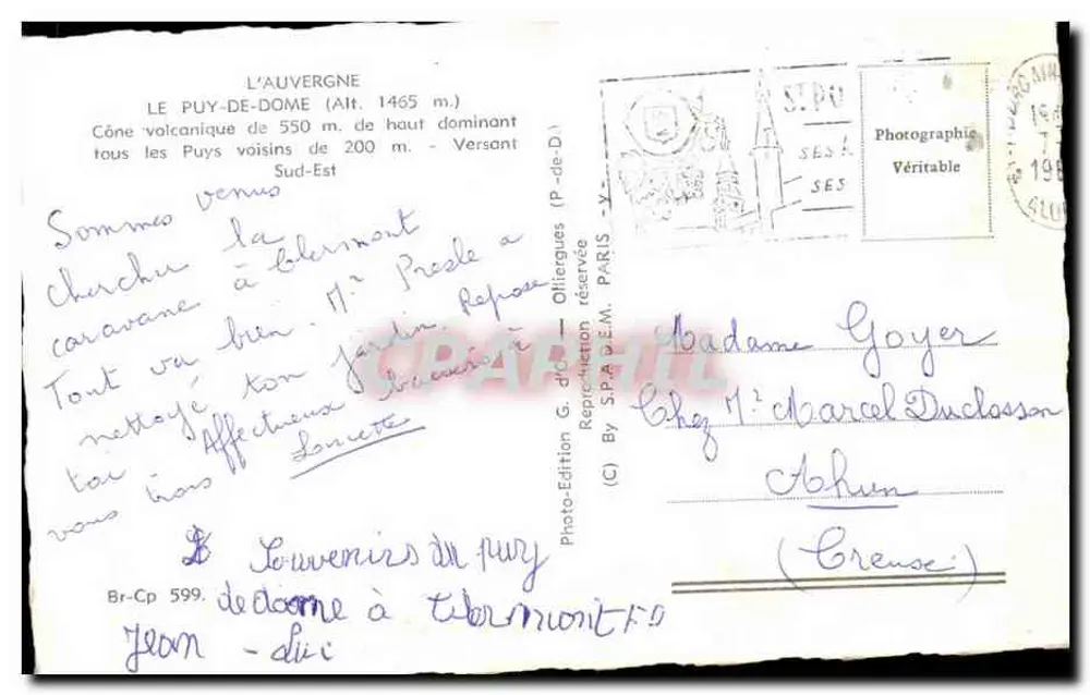Le Puy-de-Dôme — Vulkanische Flanke von 550 m. überblickend über die benachbarten Puyes — Photo-Édition G. d'Oliveriques, Paris - Rückseite