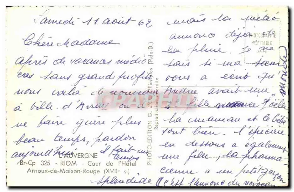 Cour de l'Hôtel Arnoux-de-Maison-Rouge — Riom — Verlag G. de D. (Br-Cp 325) - Rückseite