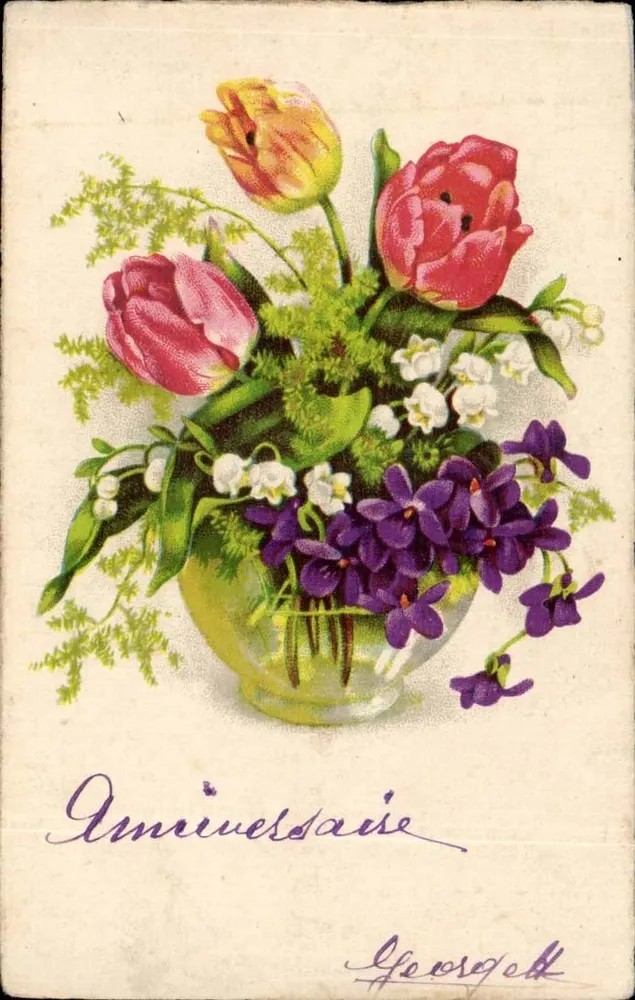 Arranjo de tulipas e violetas — Aniversário — Georges - Frente