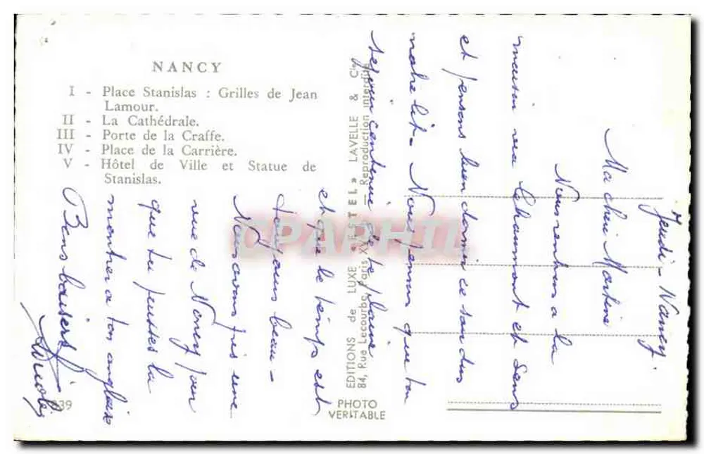 Nancy — Lembrete de Nancy — Edições Laveille & Cie - Verso