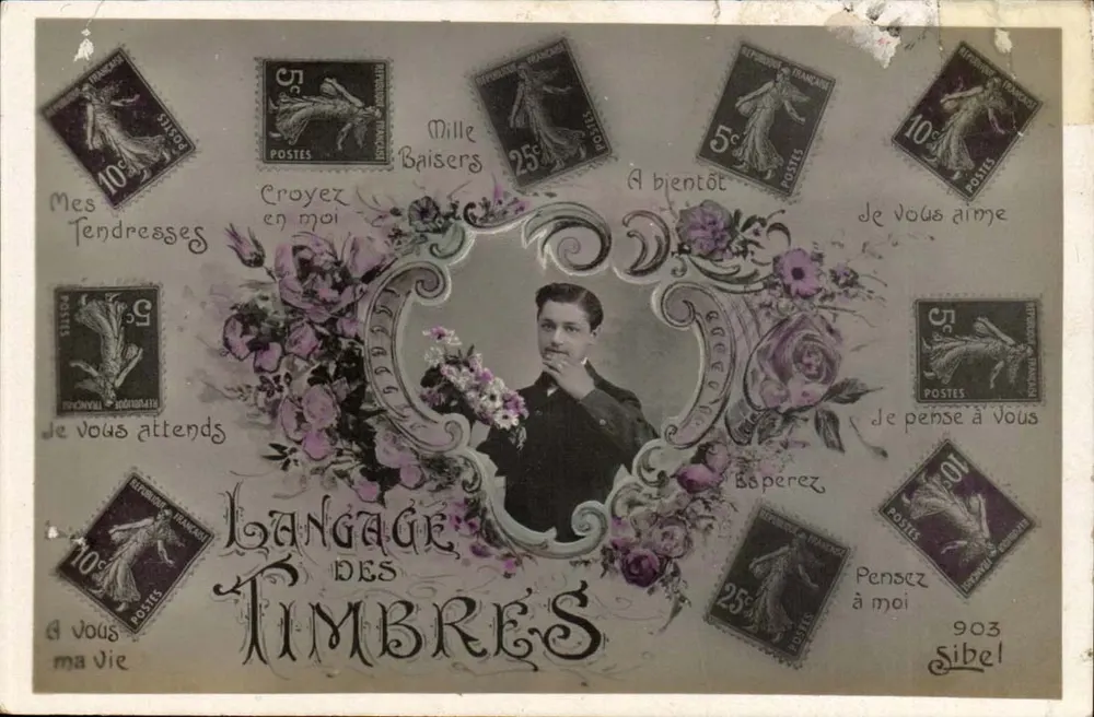 Sprache der Briefmarken — dekorative Karte mit Porträt und französischen Briefmarken von 1903 - Vorderseite