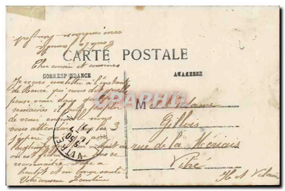 Sprache der Briefmarken — dekorative Karte mit Porträt und französischen Briefmarken von 1903 - Rückseite