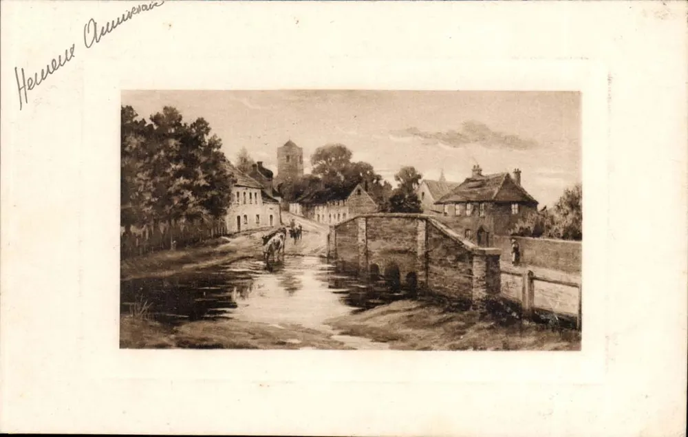 Heimlich Ammiche — Ansicht eines Dorfes mit Brücke und Kirche — Trade Pictorial, S. 1014 - Vorderseite