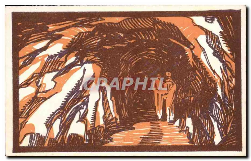 Caverna na entrada de um túnel — ilustração em madeira gravada — Edição Cie Internationale des Wagons-Lits, C 24 - Frente