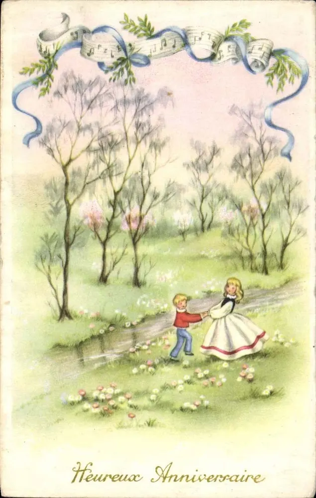 Kinder in einem Frühlingspark — Frohes Geburtstag — Französischer Druck, Nr. 409 - Vorderseite
