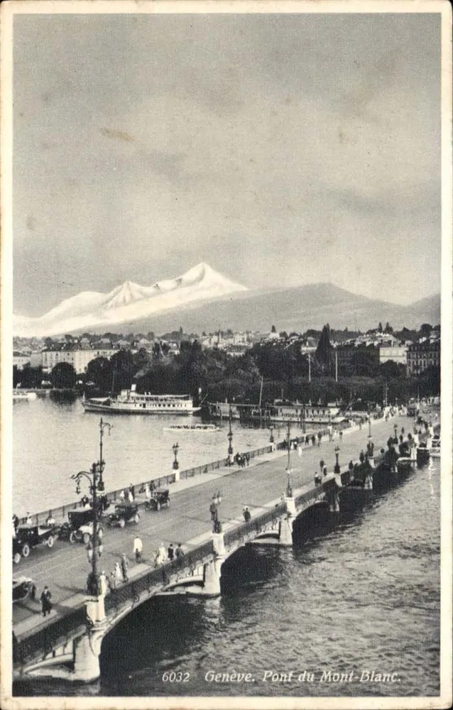 Genf. Pont du Mont-Blanc — Ansicht mit dem Mont-Blanc im Hintergrund — unbekannter Verlag, Nr. 6032 - Vorderseite